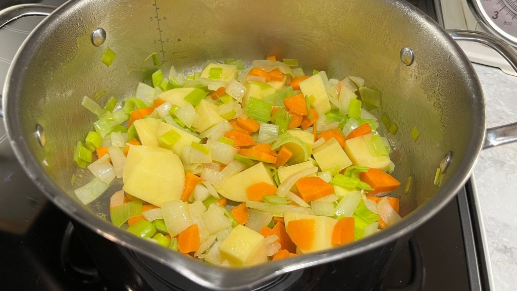 Once you've softened the onions then add potatoes.